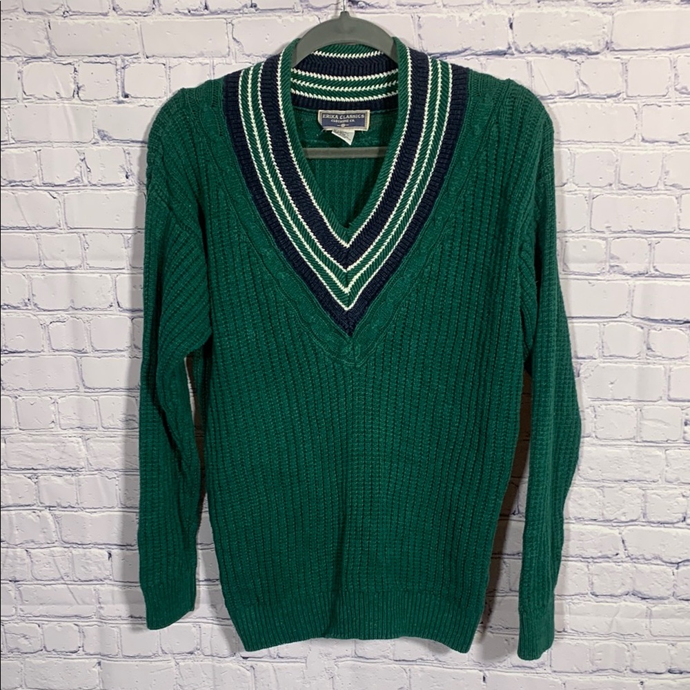 Erika Classics Mens VTG V-Neck Sweater Green Navy L Old Money Preppy Academia
